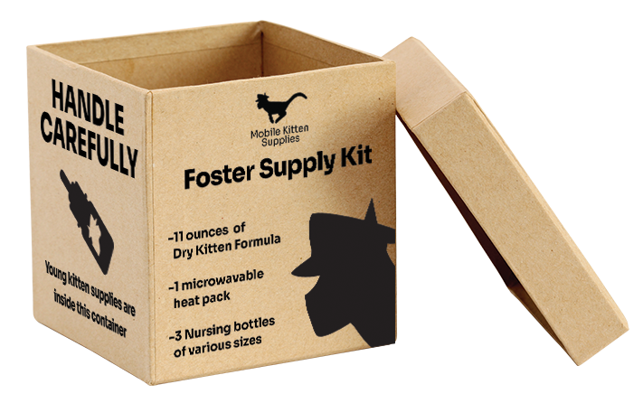 The image depicts a square, cardbox box with two of its sides 
				visible in a 3/4ths-like view. All of the images and text on the box
				is colored black, and the text uses a sans-serif typeface. 
				On the front-facing side is Mobile Kitten Supplies's logo. Below 
				that is the header Foster Supply Kit. Under Foster Supply Kit is three
				bullets of text on the bottom left, and the head of the Mobile Kitten 
				Supplies logo.
				
				The bullets of text read: -11 ounces of Dry Kitten Formula, -1 
				microwavable heat pack, and -3 Nursing bottles of various sizes.
				
				The left side of the cardboard box contains the header HANDLE CAREFULLY,
				its size being much bigger comapred to Foster Supply Kit. Beneath HANDLE
				CAREFULLY is a sillouette representing a kitten milk bottle. Inside the 
				sillouette is a cutout of the Mobile Kitten Supplies's head part of its logo, 
				only its facing right instead of left.
				
				Below the kitten milk bottle sillouette is the sentence, Young kitten supplies
				are inside this container.